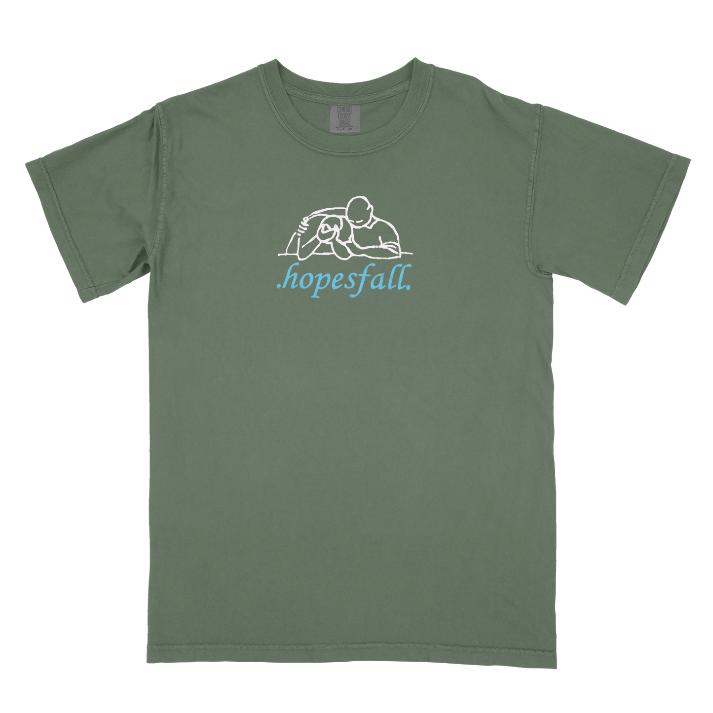 Green t-shirt with 'hopesfall' logo