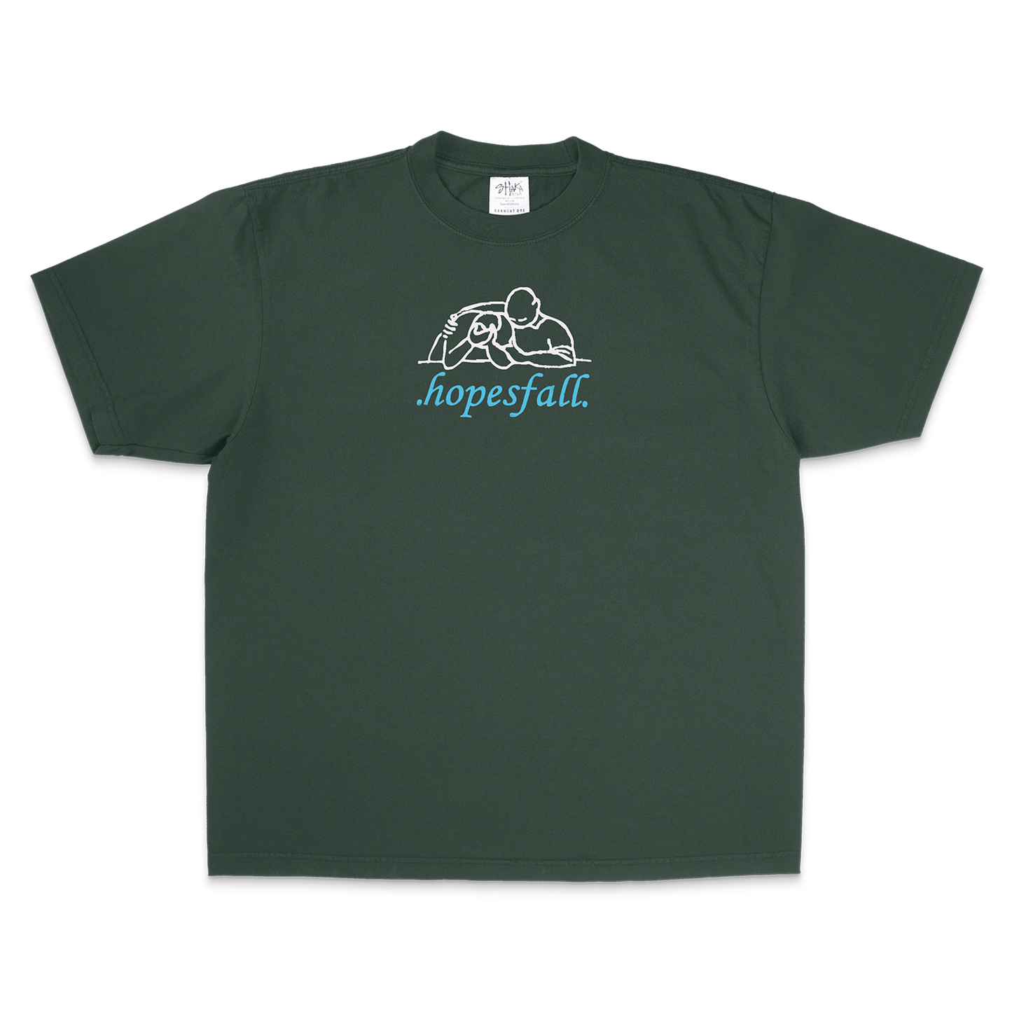 Green t-shirt with 'hopesfall' logo
