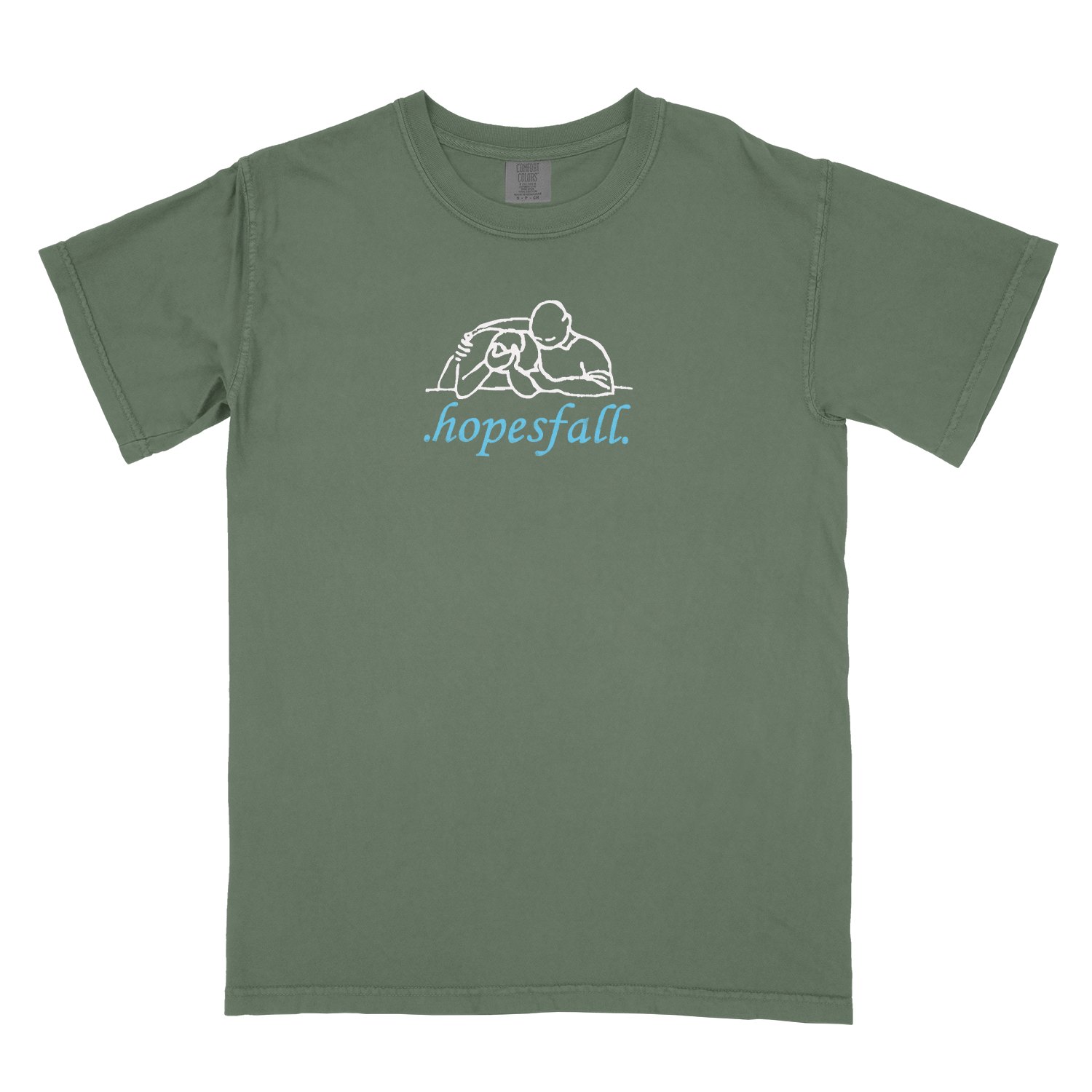 Green t-shirt with 'hopesfall' logo