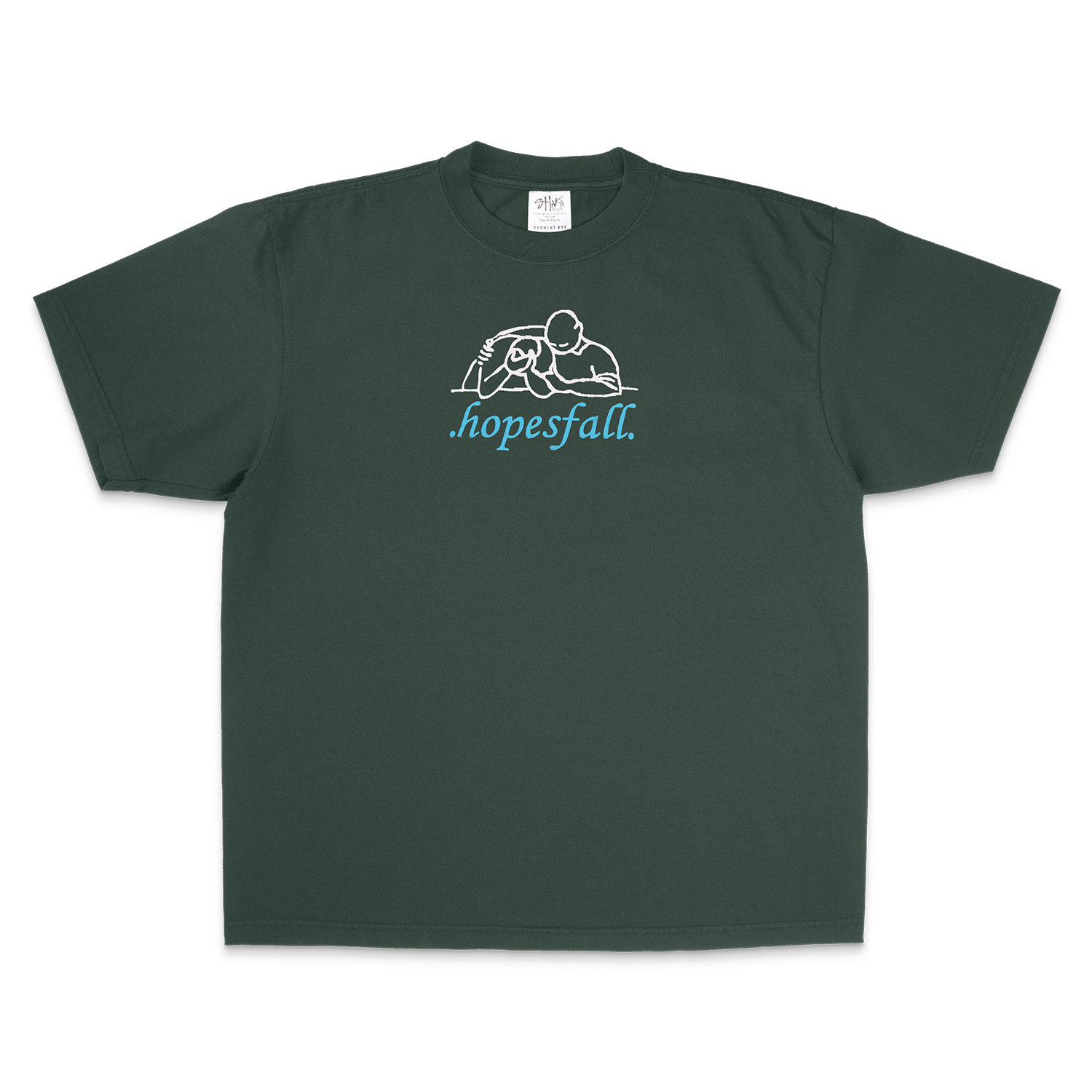 Green t-shirt with 'hopesfall' logo
