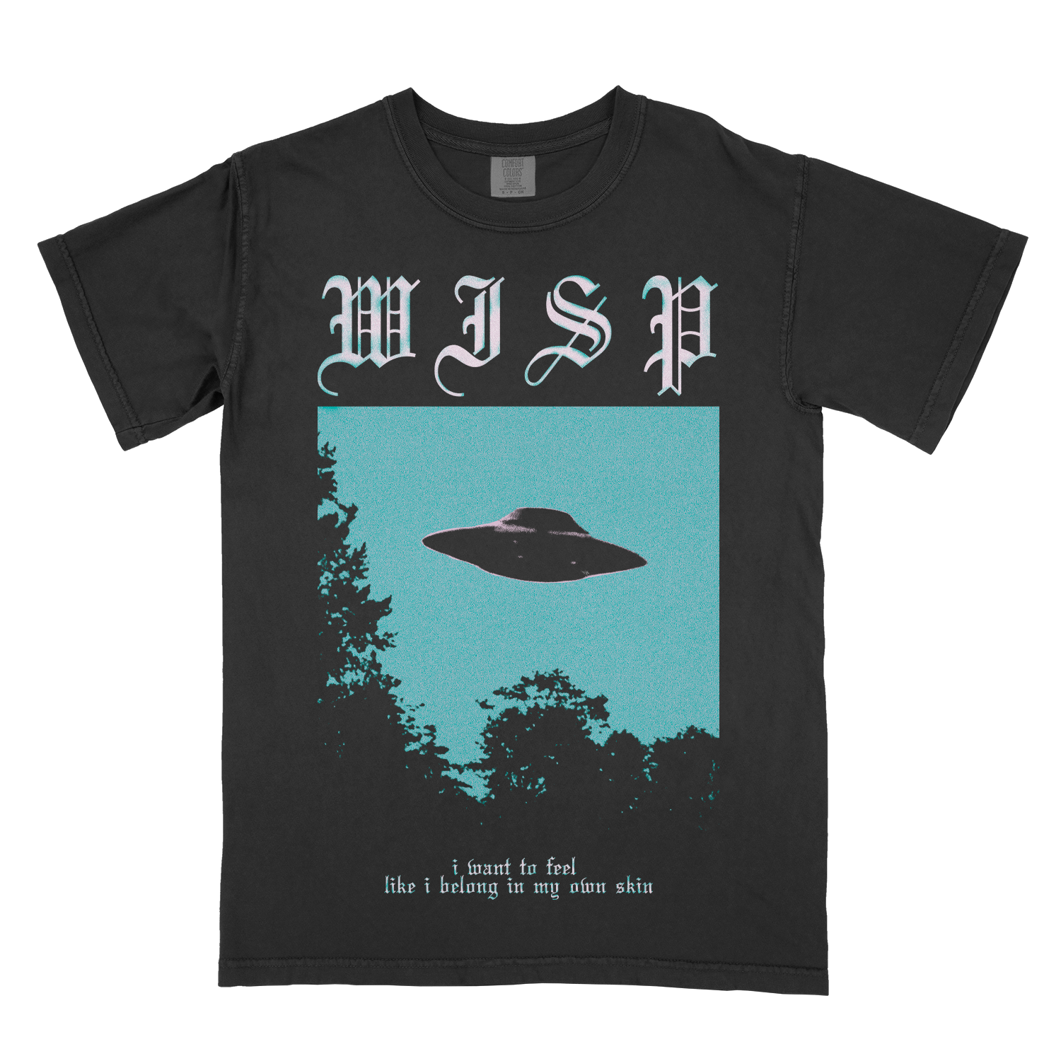 black screen printed t-shirt extras in collaboration with shoegaze artist Wisp - inspired by Whirr