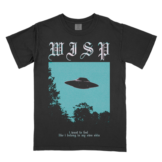 black screen printed t-shirt extras in collaboration with shoegaze artist Wisp - inspired by Whirr